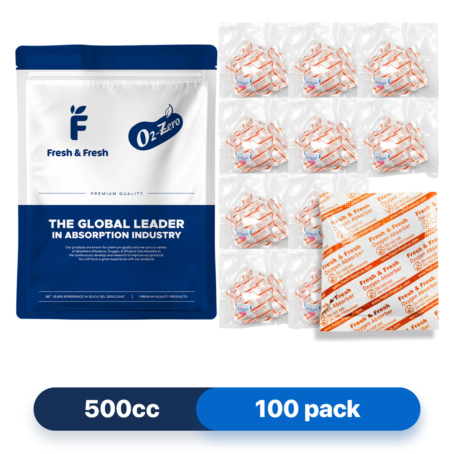 Fresh & Fresh (100 Packs) 500 CC Premium Oxygen Absorbers(10 Bag of 10 packets) - ISO 9001 Certified Facility Manufactured