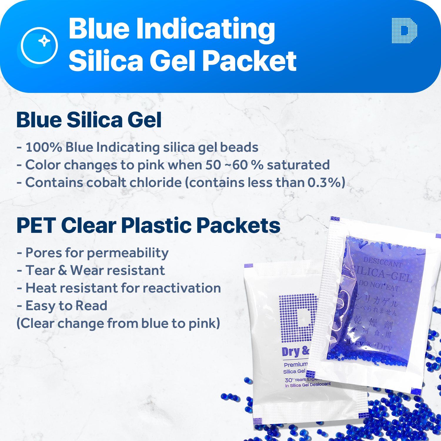 10 Gram Blue Indicating Clear Plastic(PET) Silica Gel Packets