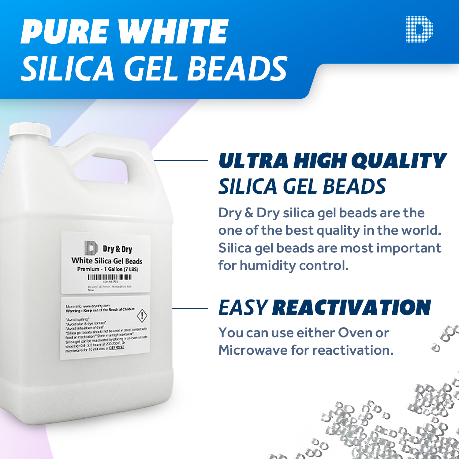 1 Gallon(7 LBS) Premium Pure & Safe White Silica Gel Beads - Rechargeable beads