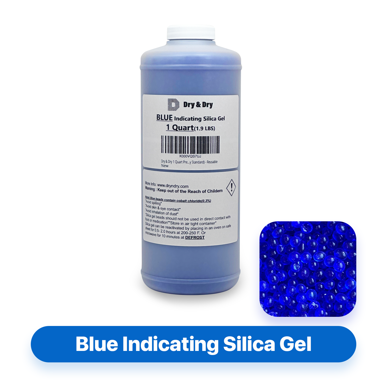 1 Quart Blue Silica Gel Bead in Round Bottle with Air Tight Cap - 2 LBS Reusable