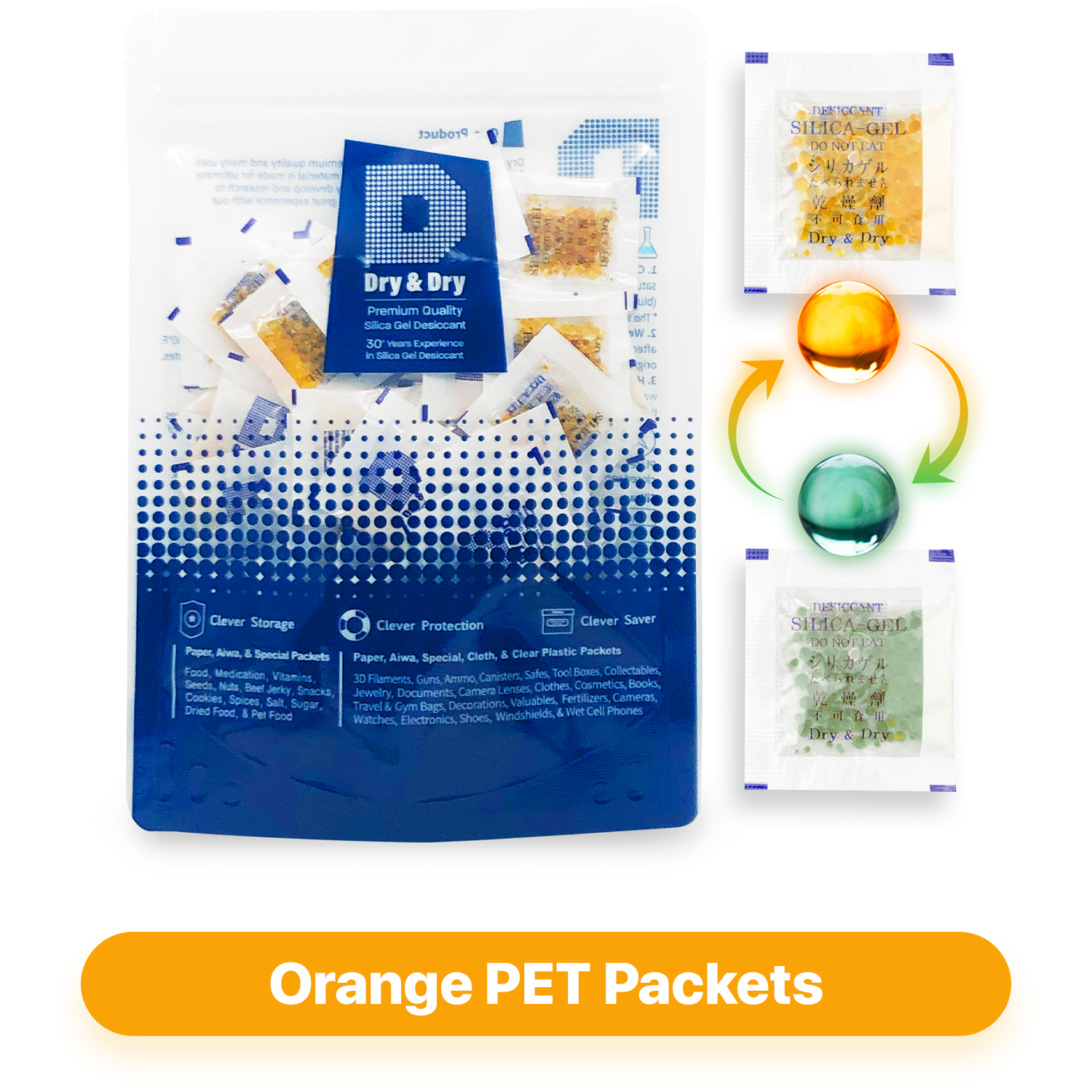 1 Gram Orange Indicating Clear Plastic(PET) Silica Gel Packets