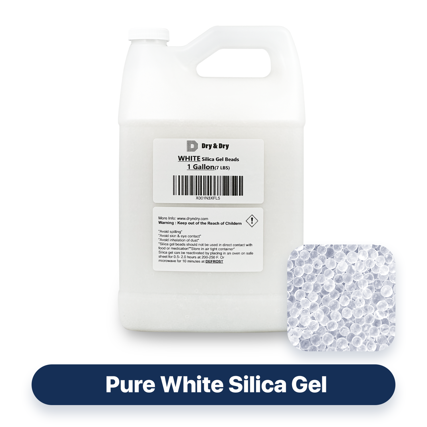 1 Gallon(7 LBS) Premium Pure & Safe White Silica Gel Beads - Rechargeable beads