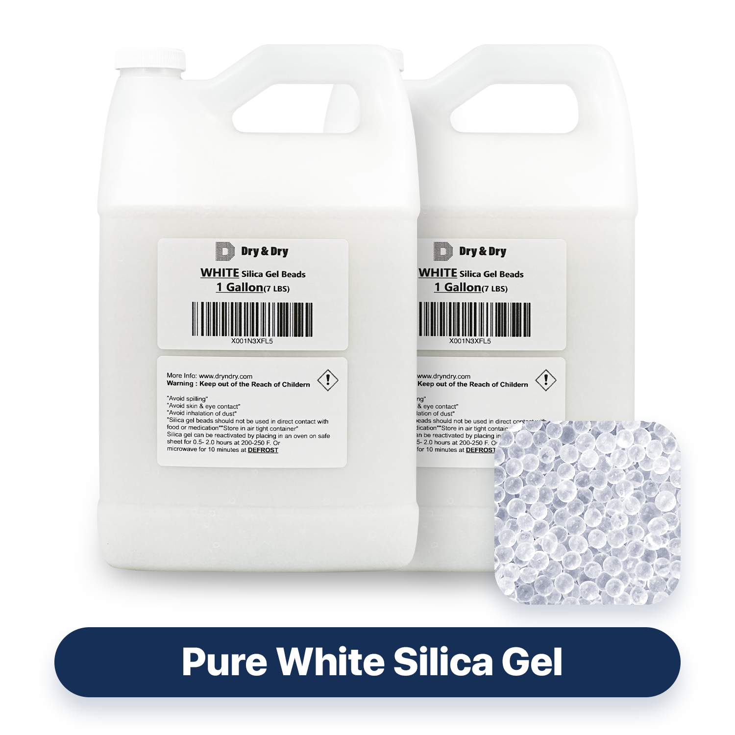 2 Gallon(14 LBS) Premium White Pure Silica Gel Beads - Rechargeable Pure & Safe Beads