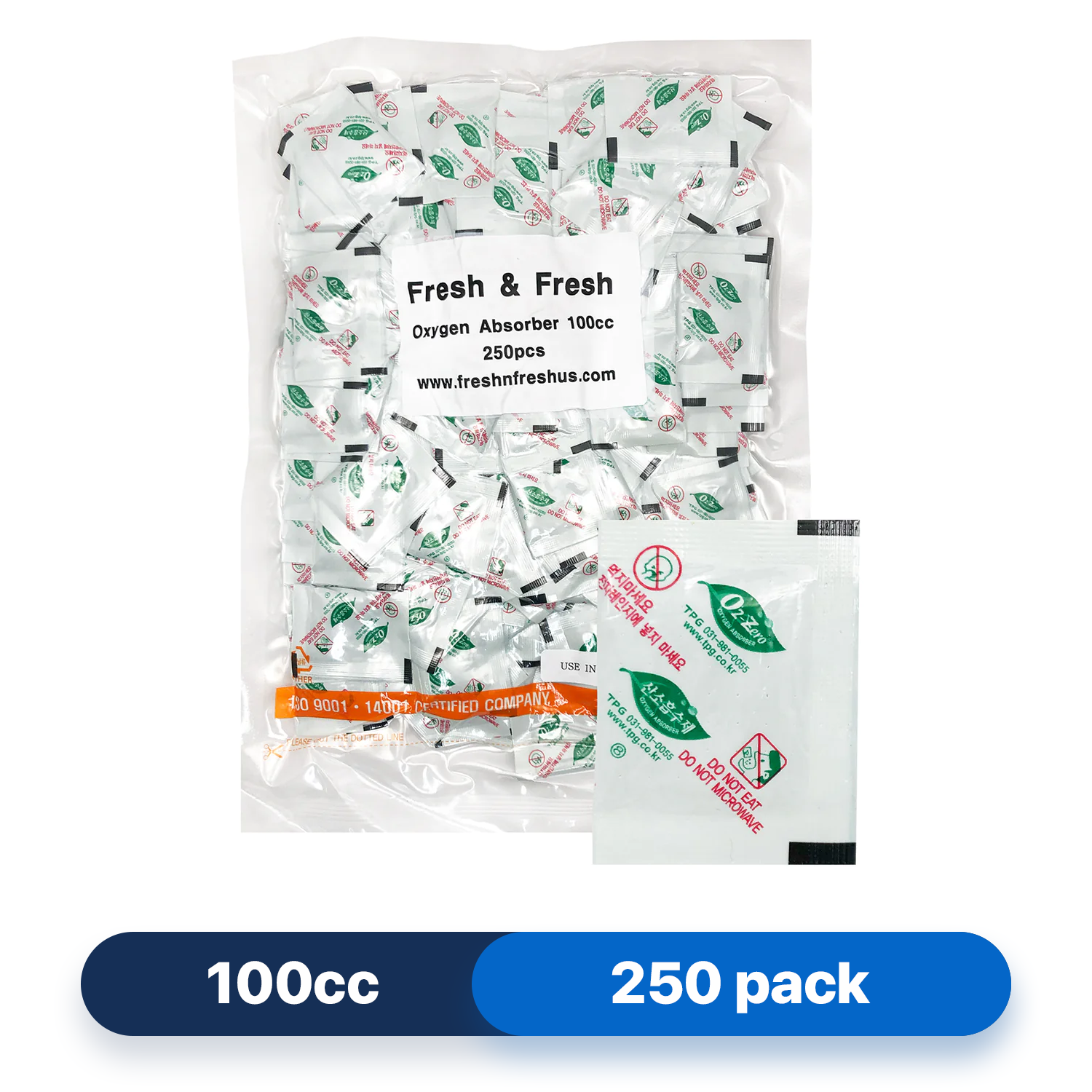 Fresh & Fresh (250 Packs) 100 CC Premium Oxygen Absorbers(1 Bag of 250 Packets) - ISO 9001 Certified Facility Manufactured