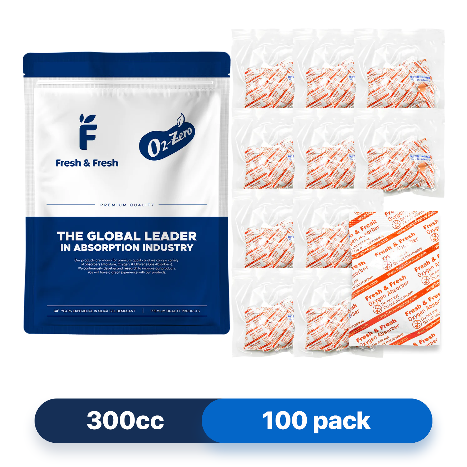 Fresh & Fresh (100 Packs) 300 CC Premium Oxygen Absorbers(10 Bag of 10 packets) - ISO 9001 Certified Facility Manufactured