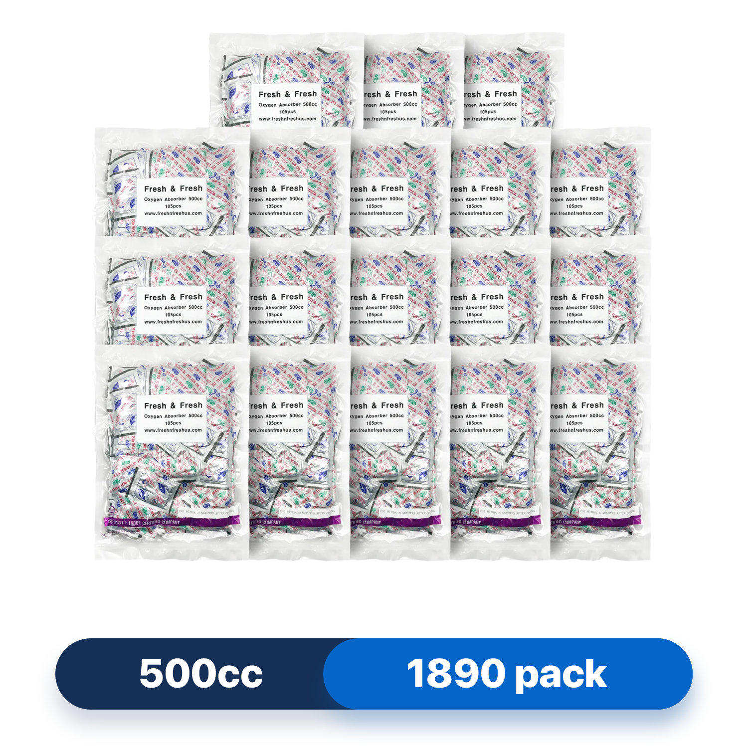 Fresh & Fresh (1890 Packs) 500 CC Premium Oxygen Absorbers(10 Bag of 105 Packets) - ISO 9001 Certified Facility Manufactured