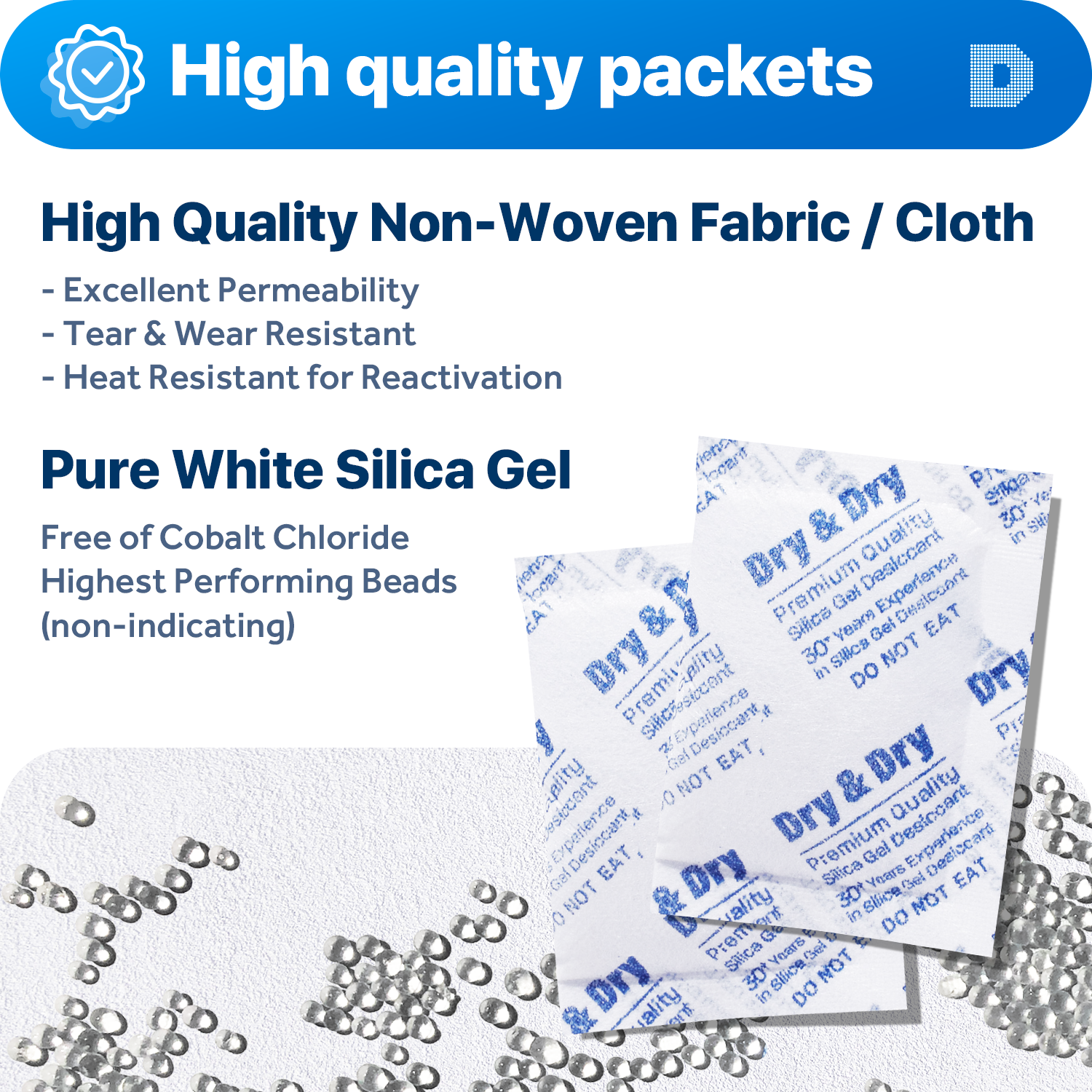 10 Gram [1500 Packets]  "Dry & Dry" Premium Silica Gel Desiccant Packets - Rechargeable Fabric