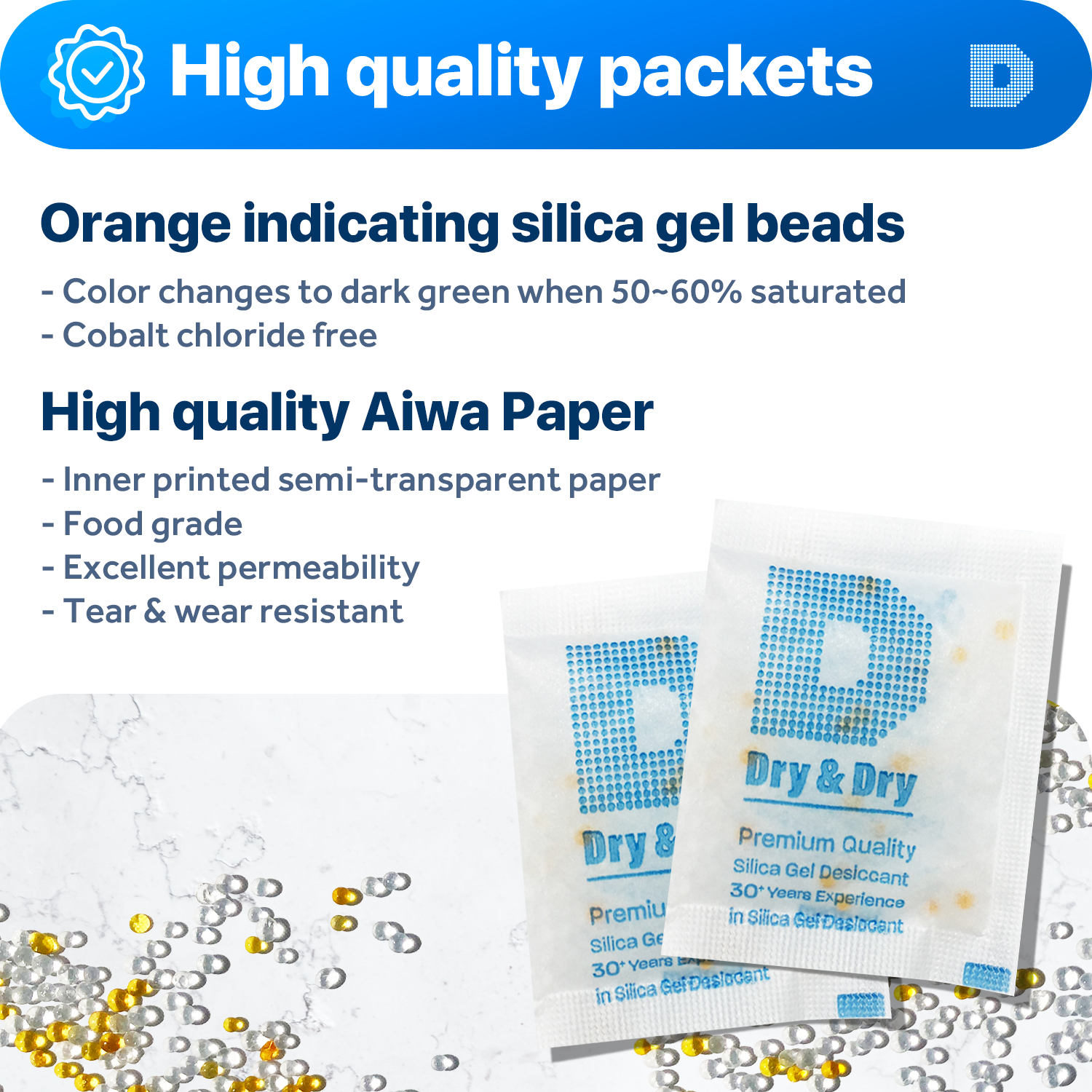 10 Gram [1,500 Packs] "Dry & Dry" Food Safe Orange Indicating(Orange to Dark Green) Mixed Silica Gel Packets - FDA Compliant(Rechargeable)