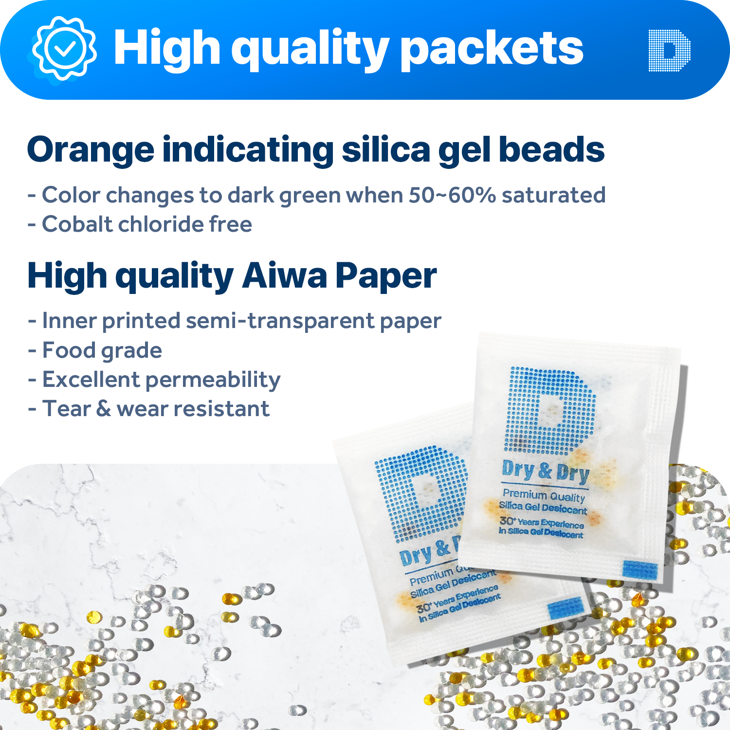 3 Gram [6000 Packs] "Dry & Dry" Food Safe Orange Indicating(Orange to Dark Green) Mixed Silica Gel Packets - FDA Compliant