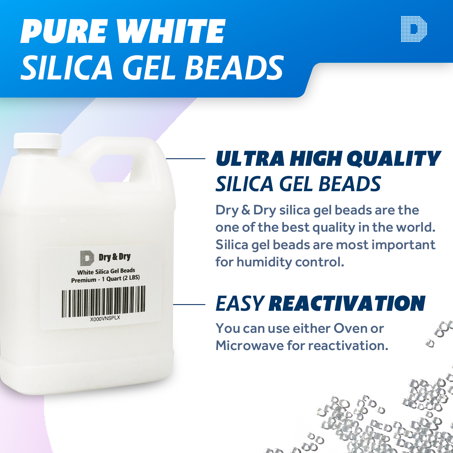 1 Quart(2 LBS) Premium White Silica Gel Beads - Rechargeable Pure & Safe Desiccant Beads