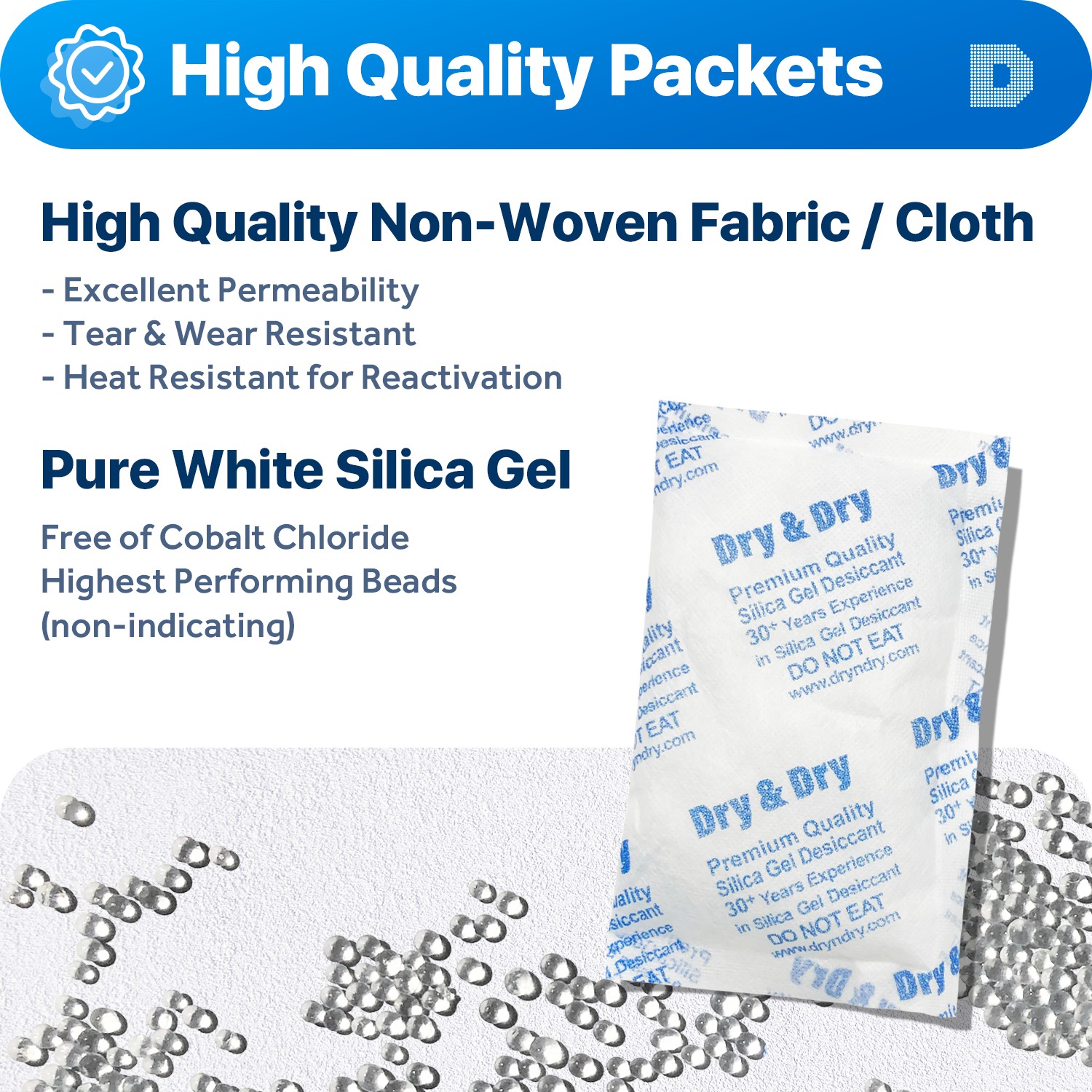 100 Gram [200 Packets]  "Dry & Dry" Premium Silica Gel Desiccant Packets - Rechargeable Fabric