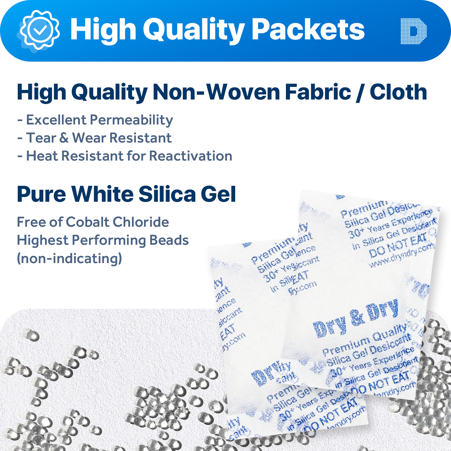 20 gram [800 Packets] "Dry & Dry" Premium Silica Gel Desiccant Packets - Rechargeable Fabric