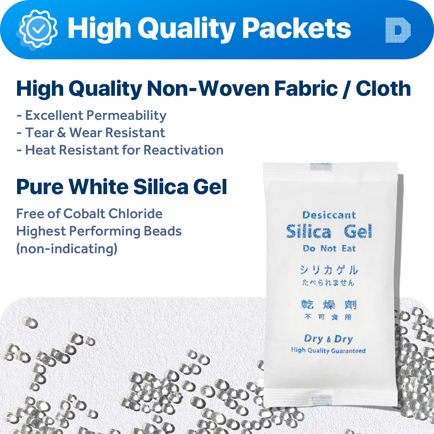 500 Gram [120 Packets]  "Dry & Dry" Premium Silica Gel Desiccant Packets - Rechargeable Fabric