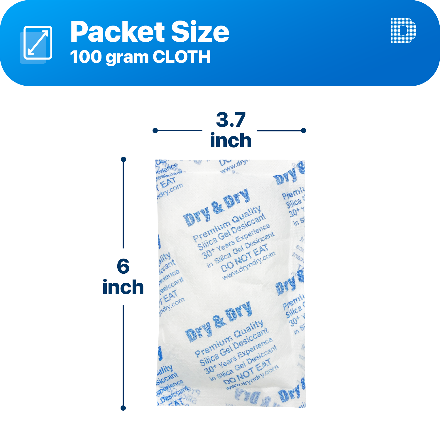 100 Gram [200 Packets]  "Dry & Dry" Premium Silica Gel Desiccant Packets - Rechargeable Fabric