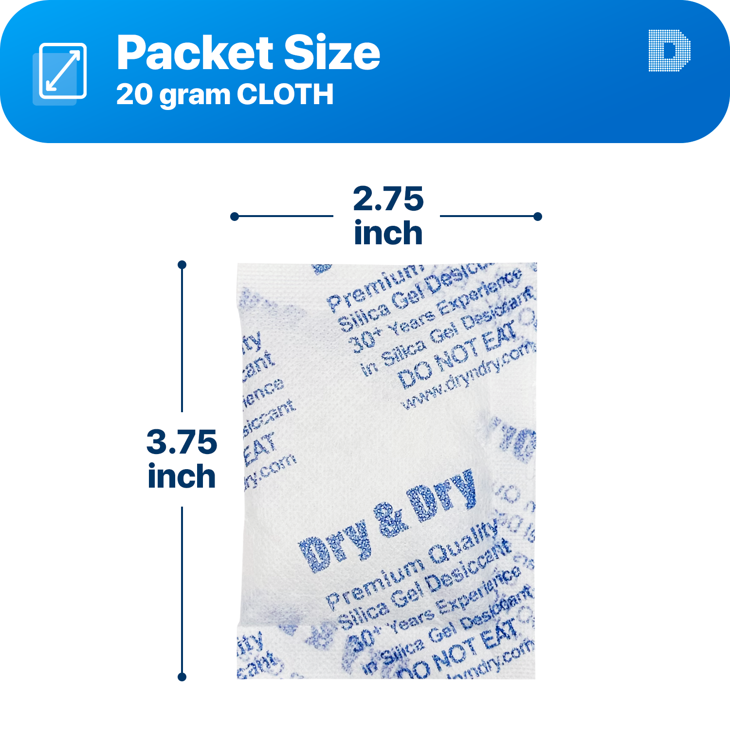 20 gram [800 Packets] "Dry & Dry" Premium Silica Gel Desiccant Packets - Rechargeable Fabric