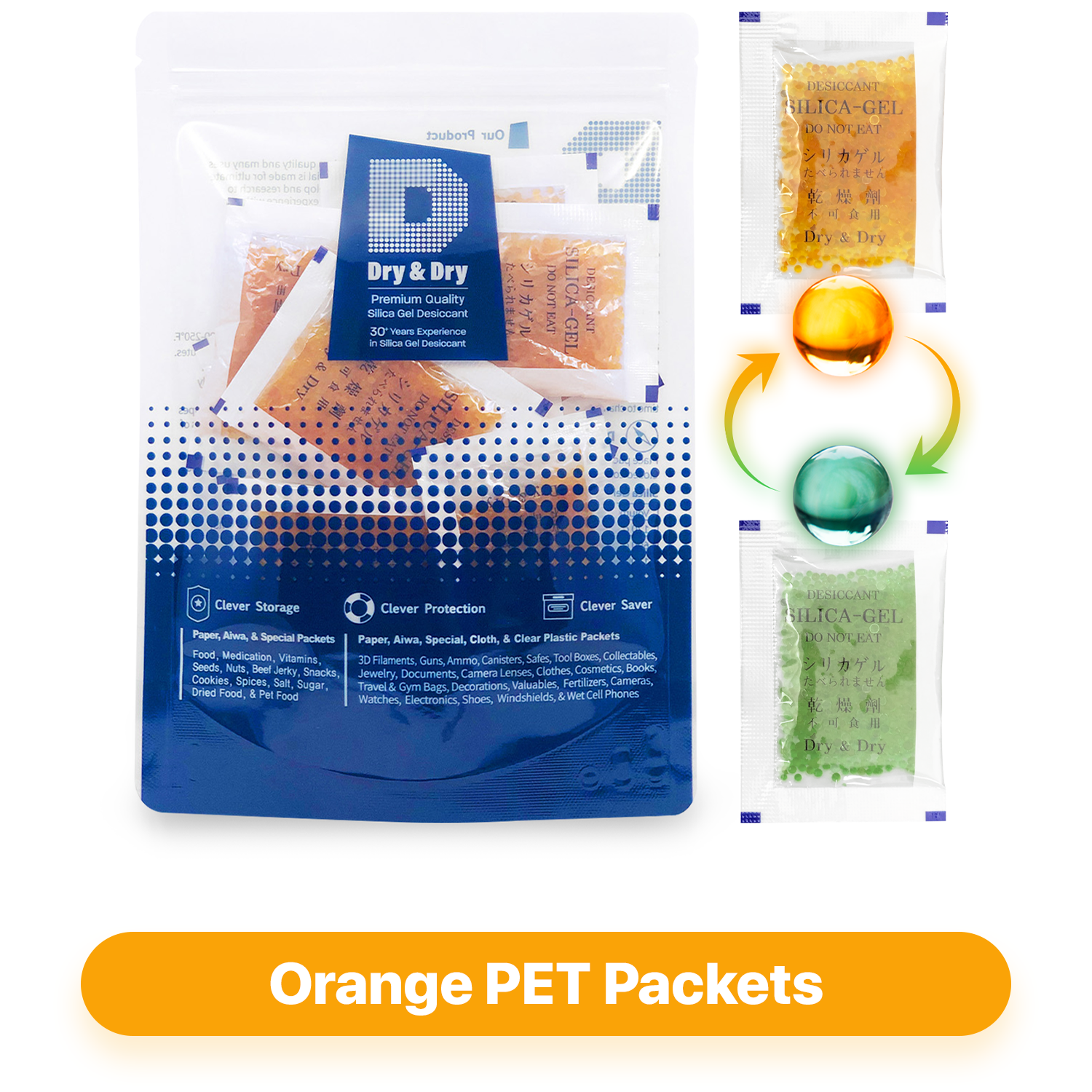 10 Gram Orange Indicating Clear Plastic(PET) Silica Gel Packets